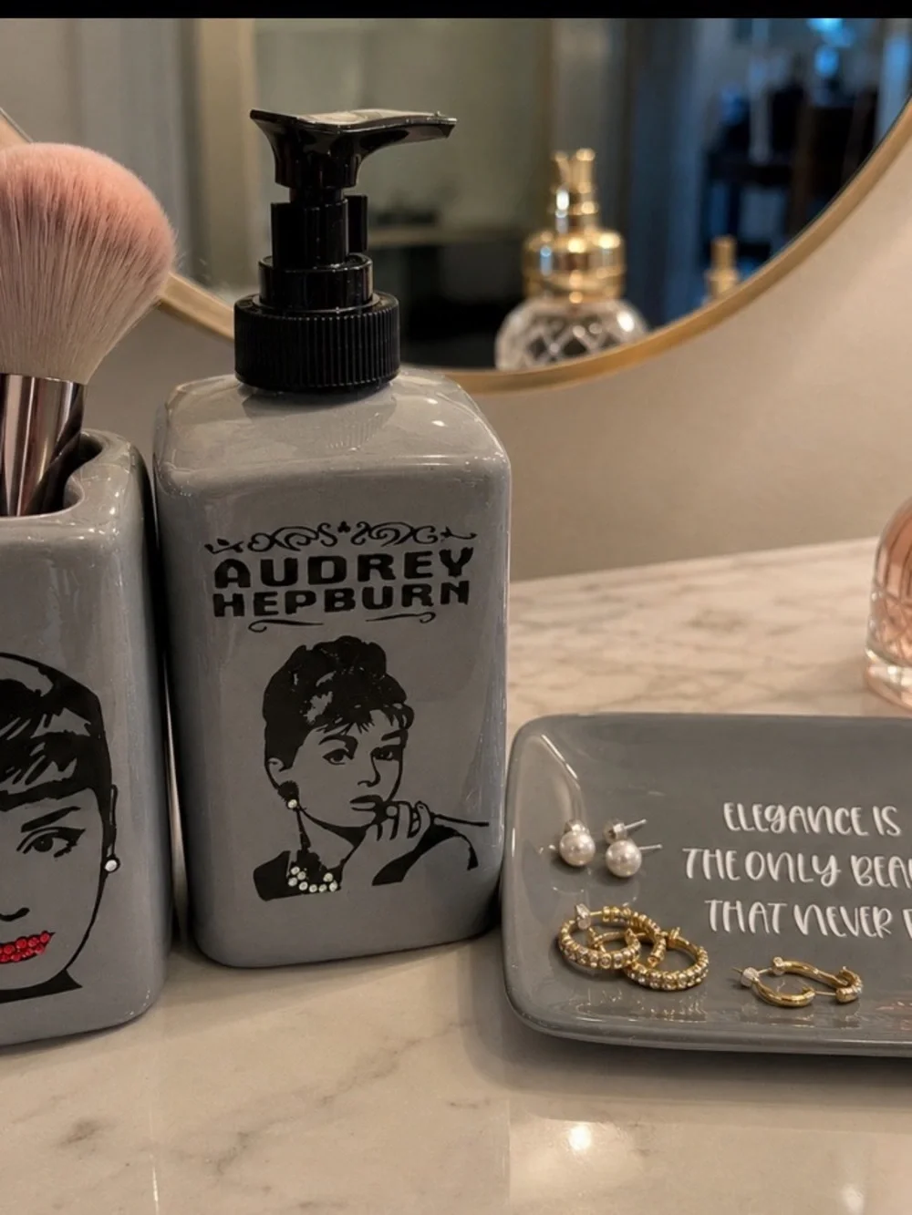 Audrey Hepburn Gray Ceramic Soap Dispenser - Elegant Bathroom Accessory